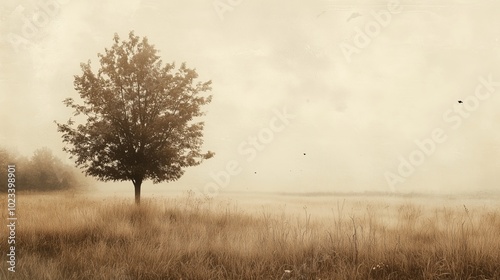 Wallpaper Mural Vintage sepia-toned landscape of a lone tree in a grassy field with soft grainy texture. Torontodigital.ca