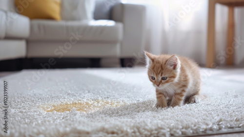 The kitten got the carpet wet. A stain on the floor.