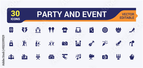 Party and Event planning solid icons set. Event organisation icons for web and ui, wedding, entertainment, Editable and pixel perfect filled icon collection.