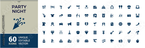 Party night corporate event solid icons set. Event filled symbol collection, simple and Minimal collection for web and ui, Pixel perfect. Editable outline icons.