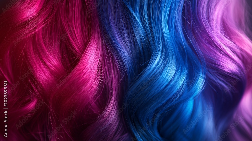 Close-up of vibrant magenta and royal blue wavy hair with smooth texture and soft lighting. Close-up of vibrant magenta and royal blue wavy hair with smooth texture and soft lighting.