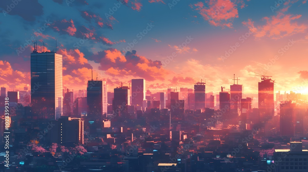 Fototapeta premium anime style A beautiful sunset casting warm light over a city skyline, with tall buildings reflecting the vibrant hues of orange and pink.