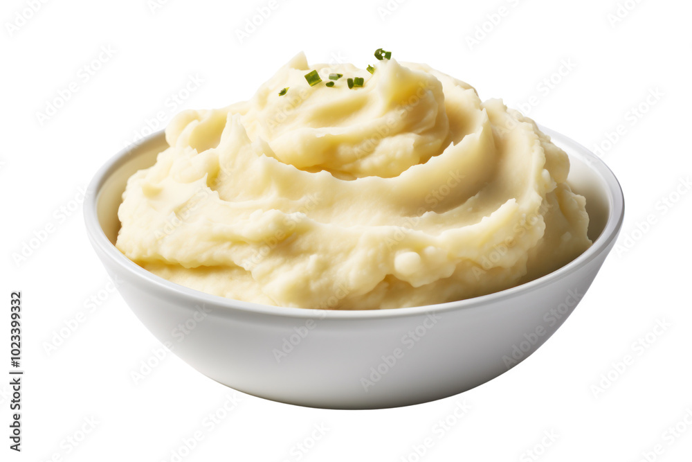 Close-up of smooth mashed potatoes with visible swirls and a light, airy texture, centered on a white background Close-up of smooth mashed potatoes with visible swirls and a light, airy texture, centered on a white background