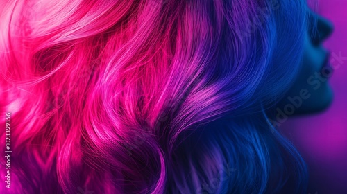 Close-up of vibrant magenta to royal blue wavy hair in soft lighting with subtle profile silhouette