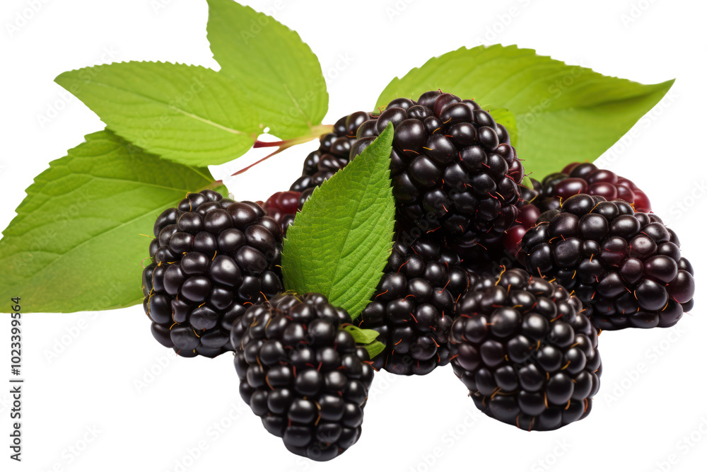 Close-up of fresh, juicy blackberries with a few leaves for garnish on a clean white background Close-up of fresh, juicy blackberries with a few leaves for garnish on a clean white background