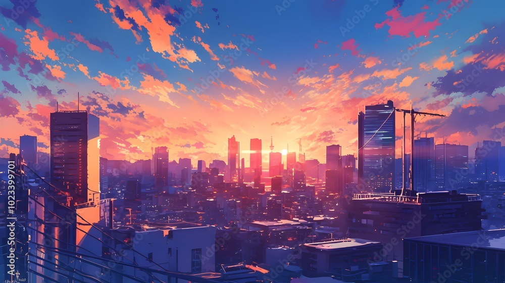 Fototapeta premium anime style A beautiful sunset casting warm light over a city skyline, with tall buildings reflecting the vibrant hues of orange and pink.