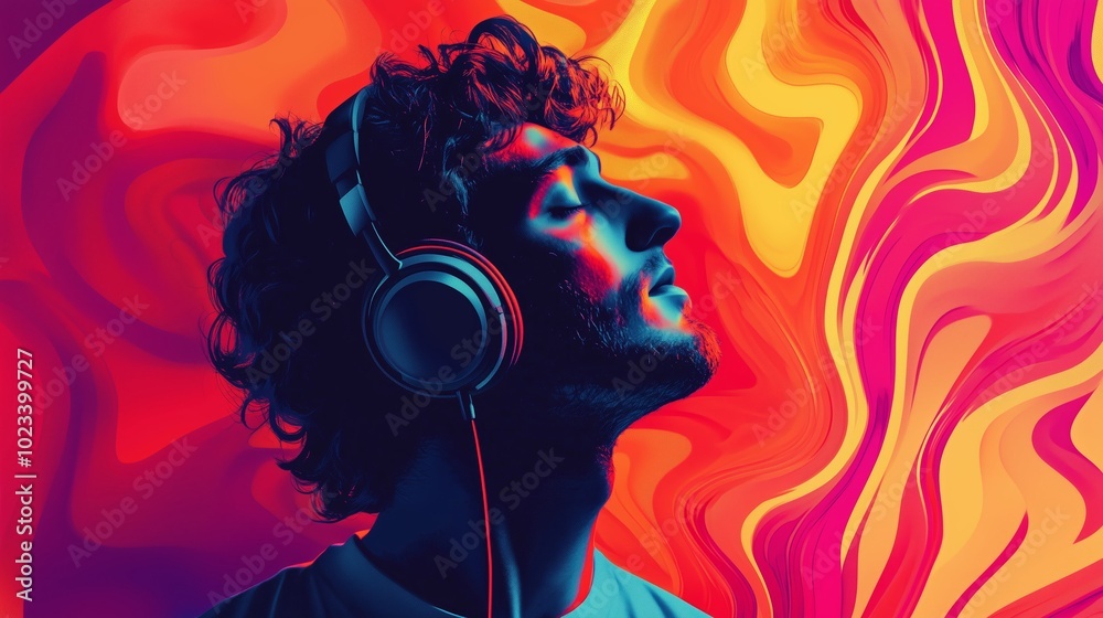 Fototapeta premium A person enjoying music with headphones amidst vibrant swirls of color in a modern artistic setting