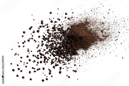 Ground peppercorn pile black pepper scattered spicy 