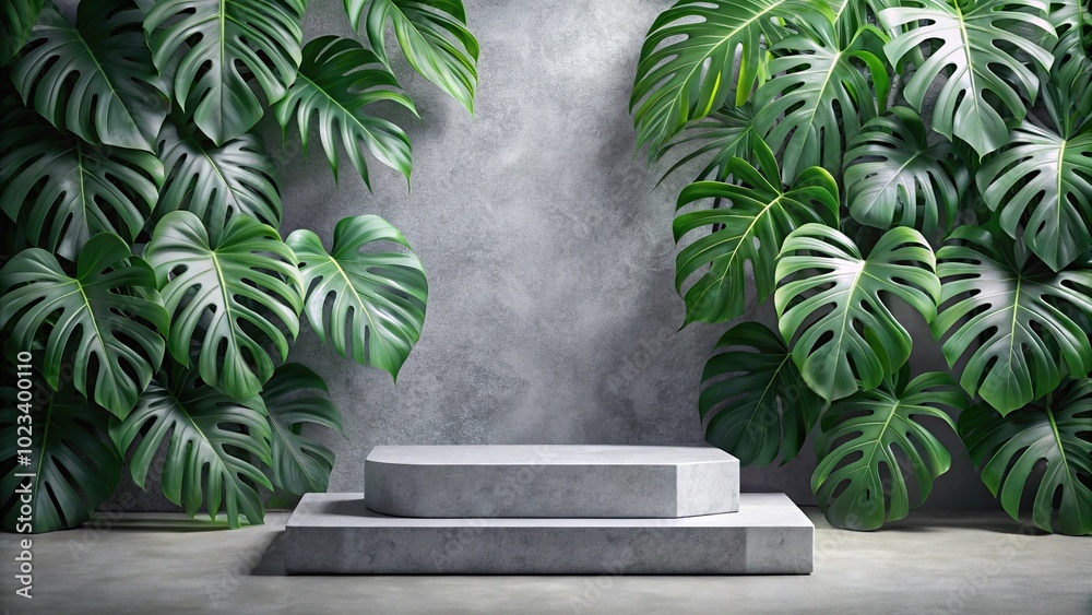 Grey stone podium with monstera leaves background Grey stone podium with monstera leaves background