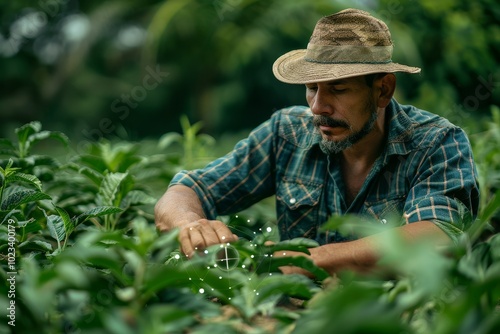 A farmer uses Internet of Things (IoT) agriculture sensors to monitor and interact with his crops. The image showcases smart farming technology.