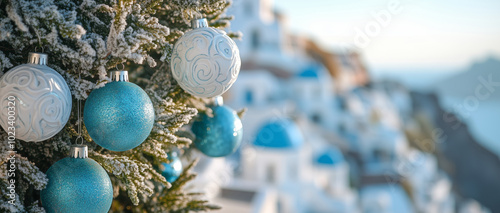 Christmas tree with white and blue ornaments against the backdrop of a Mediterranean island panoram photo