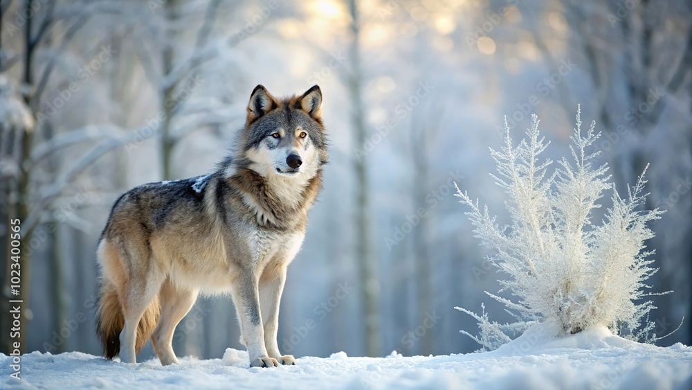 Grey Wolf Canis lupus standing facing left against frosty woods in winter at a tilted angle Grey Wolf Canis lupus standing facing left against frosty woods in winter at a tilted angle