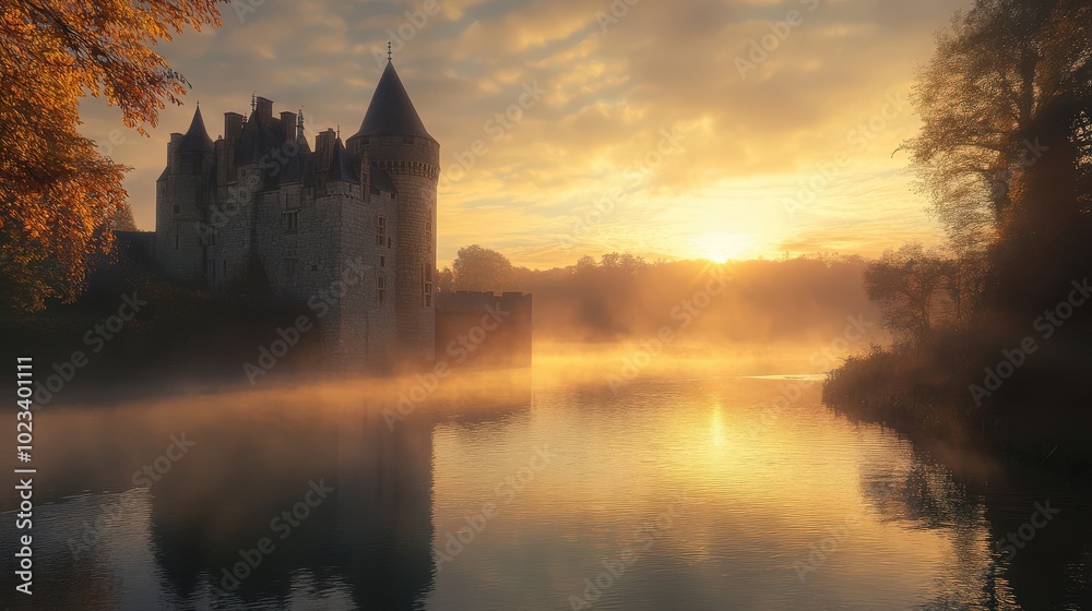 Moat and Castle: A Mediaeval Fortress at Autumn Sunrise with Mist Moat and Castle: A Mediaeval Fortress at Autumn Sunrise with Mist