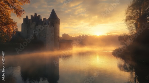 Moat and Castle: A Mediaeval Fortress at Autumn Sunrise with Mist