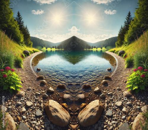 Serene Lake Landscape with Lush Hills and Golden Sunset