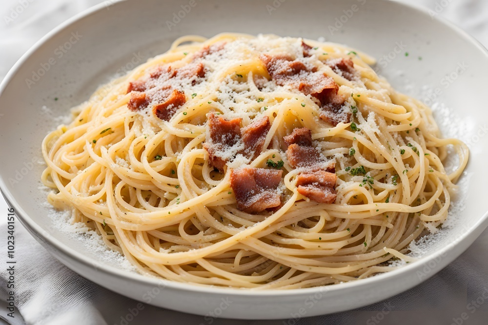 A bowl of italian spaghetti carbonara made with eggs parmesan pancetta and black pepper, Ai Generated