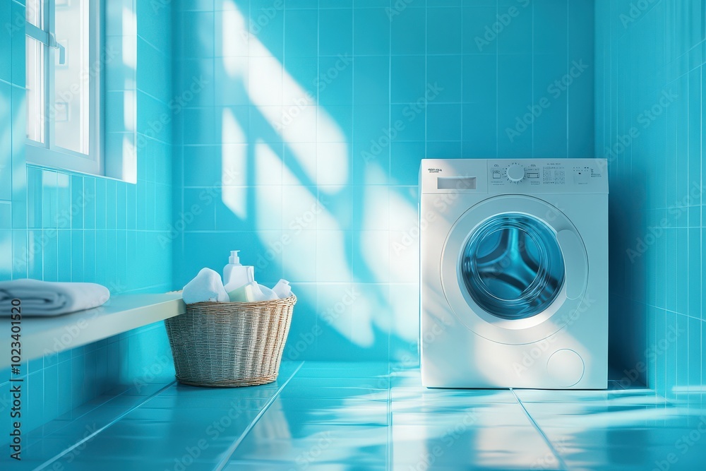 Modern Washing Machine in Bathroom Interior. Cleaning Supplies and Basket on Bench Modern Washing Machine in Bathroom Interior. Cleaning Supplies and Basket on Bench