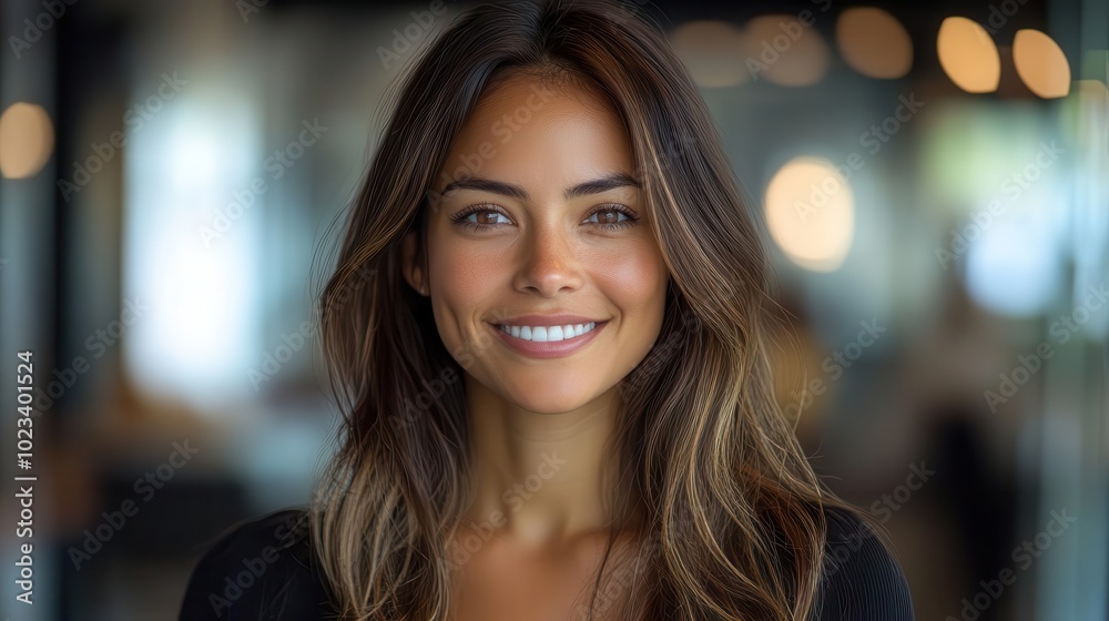 hispanic professional woman smiling confidently at the camera in a modern office showcasing her leadership and expertise in the fintech industry with digital tablet in hand