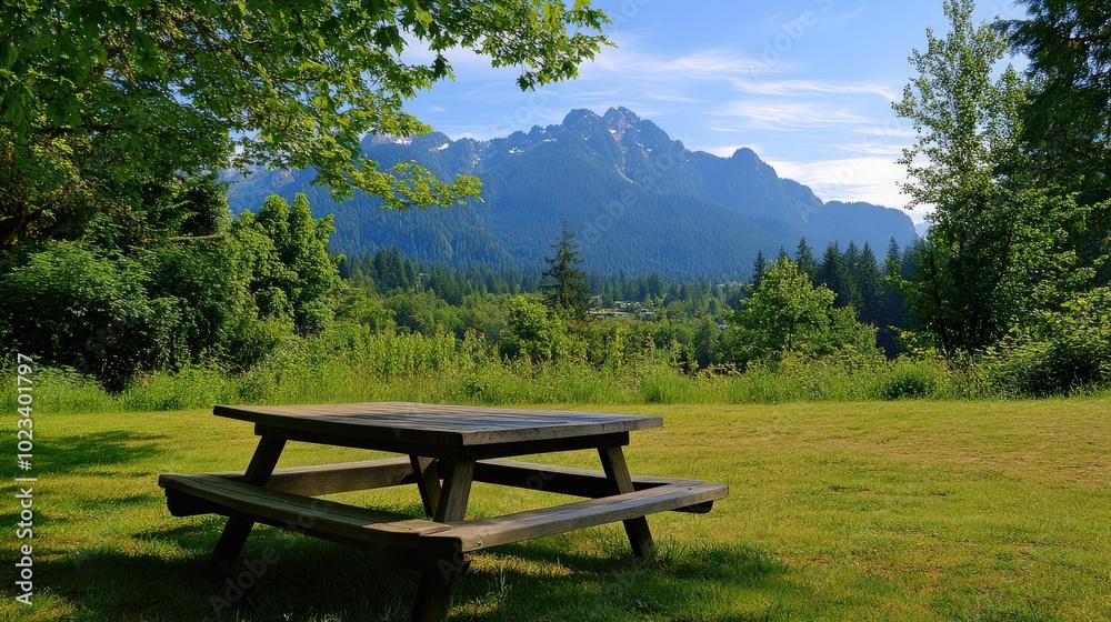 Mount Si Greenbelt: Stunning City Park View with Picnic Table in Beautiful Forest Landscape Mount Si Greenbelt: Stunning City Park View with Picnic Table in Beautiful Forest Landscape