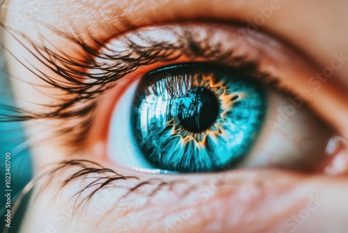 Extreme close-up of a blue human eye, highlighting intricate details of the iris and pupil, natural lighting