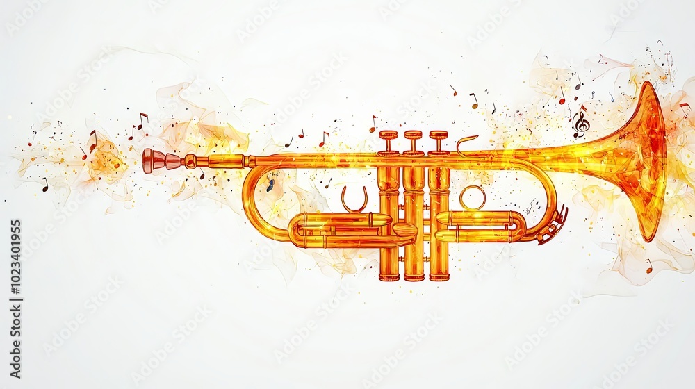 An image of a golden trumpet unleashing a cascade of fiery musical notes, symbolizing passion and the vibrant energy of music in a bold artistic style. An image of a golden trumpet unleashing a cascade of fiery musical notes, symbolizing passion and the vibrant energy of music in a bold artistic style.