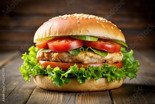 Grilled chicken burger with lettuce and tomato on wide-angle shot