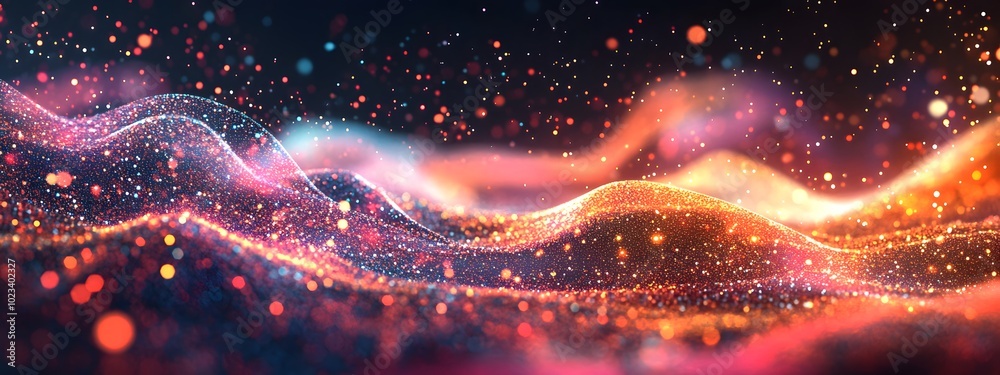 A glowing, undulating wave of data with lights and colors on a dark background, symbolizing the flow or movement of information in digital environments A glowing, undulating wave of data with lights and colors on a dark background, symbolizing the flow or movement of information in digital environments