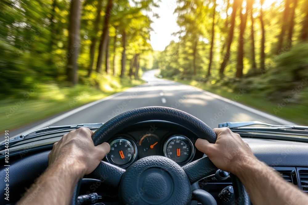 Close-up of drivers hands on a leather steering wheel, highway view ahead, sunlight on dashboard Close-up of drivers hands on a leather steering wheel, highway view ahead, sunlight on dashboard