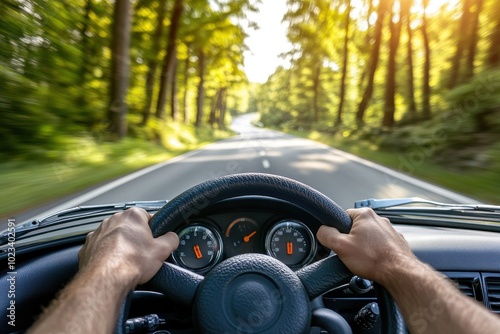 Close-up of drivers hands on a leather steering wheel, highway view ahead, sunlight on dashboard