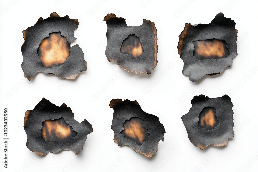 Fototapeta premium Collection of burnt holes in piece of papers