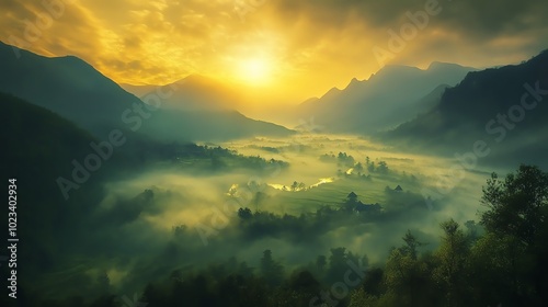 Majestic sunrise over misty mountains and valley