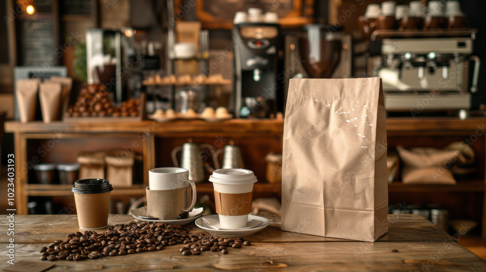 An inviting coffee shop scene,  In a centre is copyspace, also depicted is a white paper bag, a beautiful mockup