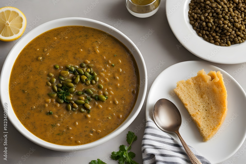 A bowl of turkish lentil soup with a drizzle of olive oil and a-wedge of lemon, Ai Generated A bowl of turkish lentil soup with a drizzle of olive oil and a-wedge of lemon, Ai Generated