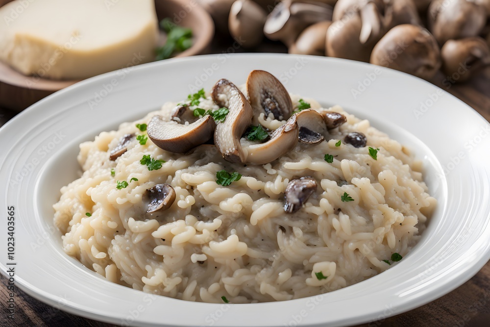 A creamy bowl of italian risotto made with arborio rice mushrooms and parmesan cheese, Ai Generated A creamy bowl of italian risotto made with arborio rice mushrooms and parmesan cheese, Ai Generated