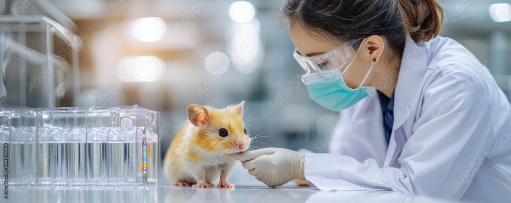 A researcher in a lab coat examines a hamster, focusing on animal care and scientific experimentation in a modern laboratory setting. A researcher in a lab coat examines a hamster, focusing on animal care and scientific experimentation in a modern laboratory setting.