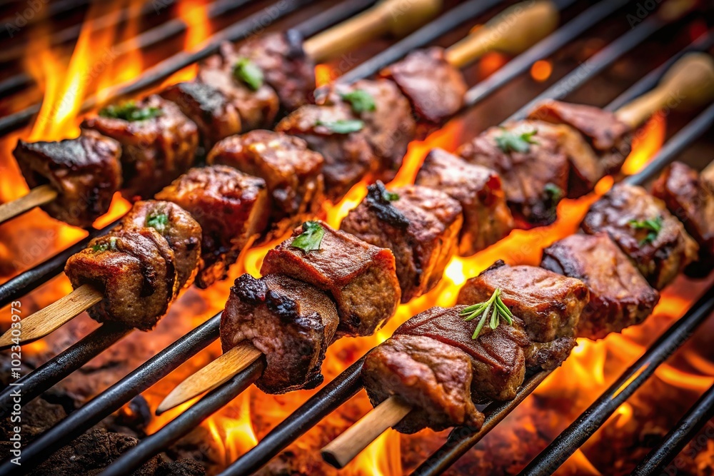 Grilled marinated beef skewers on hot charcoal grill Grilled marinated beef skewers on hot charcoal grill