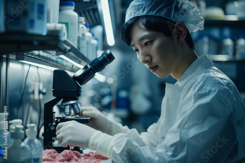 A focused Asian scientist, wearing sterile gear, carefully examines the cell growth of cultured meat under a microscope in a laboratory. 