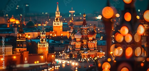 A vibrant evening view of Moscow's iconic architecture, featuring colorful lights and landmarks.