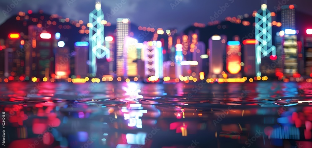 A vibrant city skyline reflected in water at night, showcasing colorful lights and buildings.