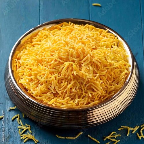 Besan sev in serving plate, indian snack photo