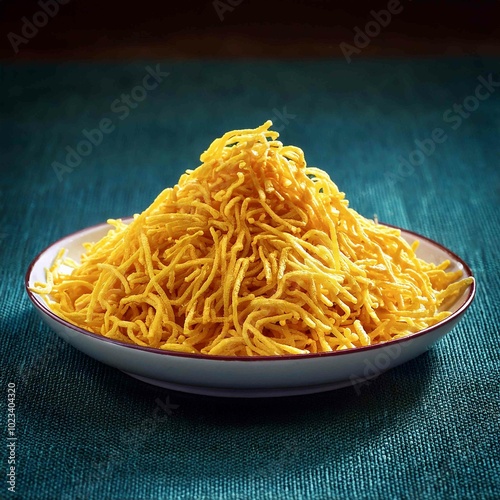 Besan sev in serving plate, indian snack photo