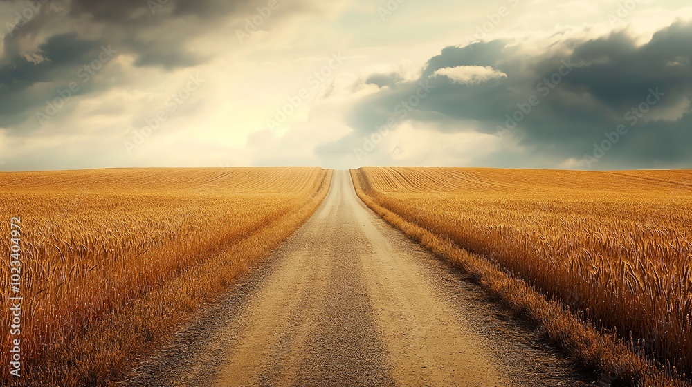 Obraz premium Rural road through golden wheat fields