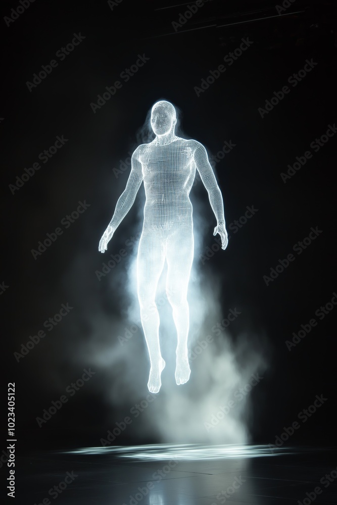 A man is floating in the air with a glowing body. Concept of wonder and awe, as if the man is a futuristic being or a character from a science fiction story