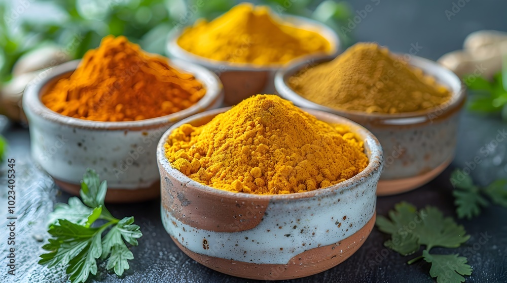 Four bowls of spices are arranged on a table Four bowls of spices are arranged on a table
