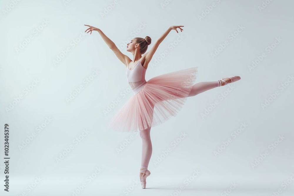 Fototapeta premium A woman in a pink tutu is dancing on stage. She is wearing a pink top and pink pants