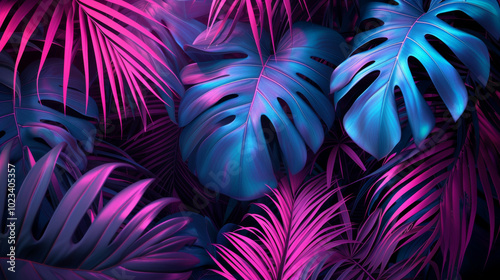 Modern layout installed with tropical colorful plants forest glow in the dark background. Stylized as futuristic art