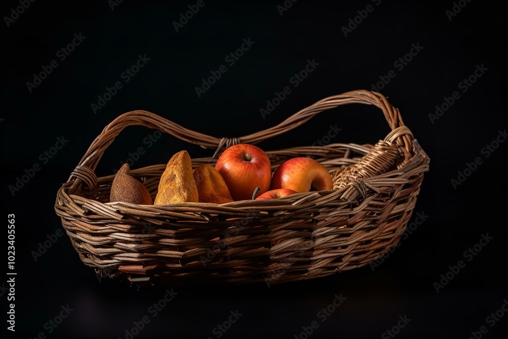 A vibrant still life featuring a wicker basket filled with fresh, ripe fruits including red apples, green grapes, and yellow oranges against a white background A vibrant still life featuring a wicker basket filled with fresh, ripe fruits including red apples, green grapes, and yellow oranges against a white background