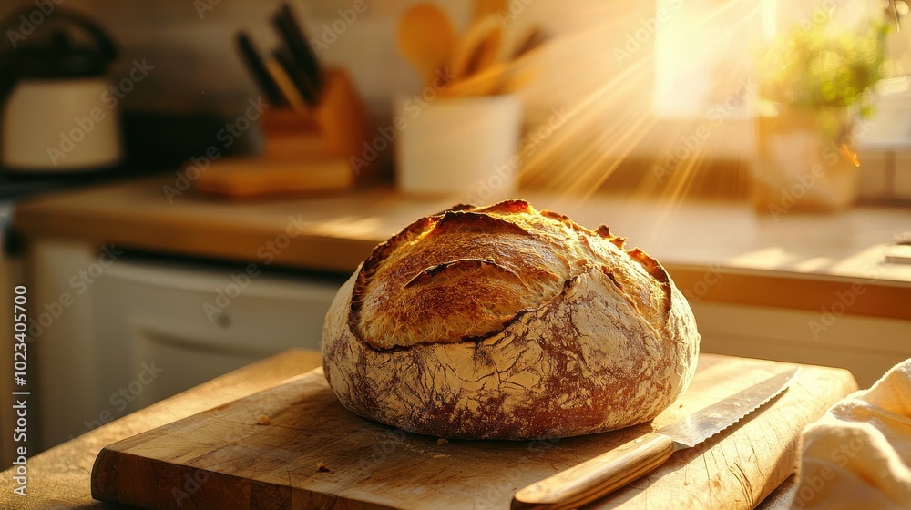 Fresh Artisan Sourdough Bread on Rustic Countertop Fresh Artisan Sourdough Bread on Rustic Countertop
