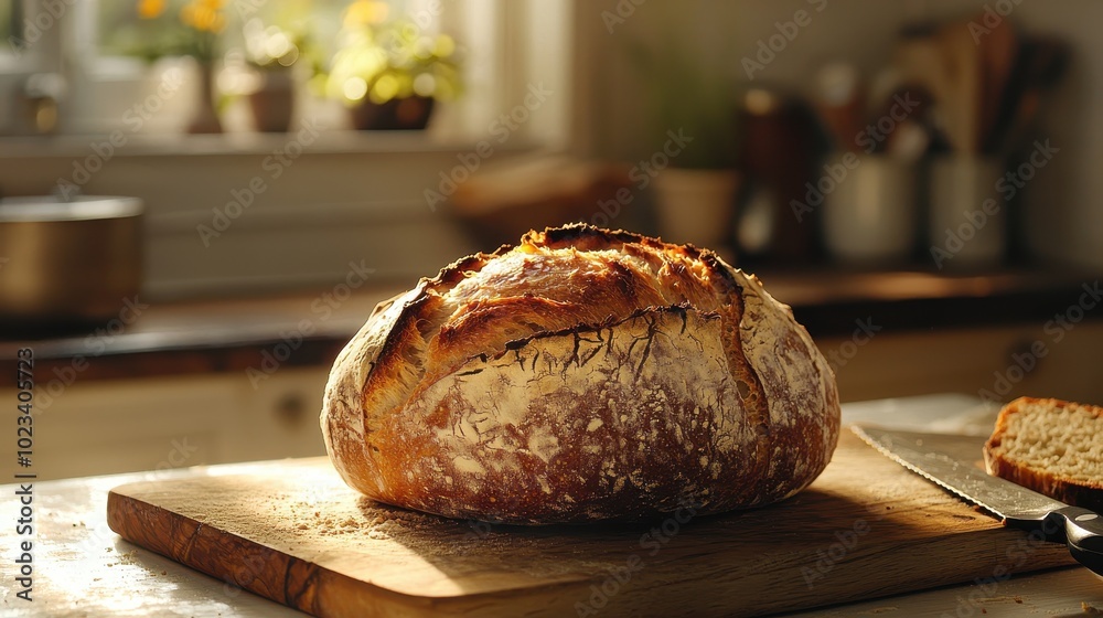 Fresh Artisan Sourdough Loaf on Rustic Wooden Board Fresh Artisan Sourdough Loaf on Rustic Wooden Board