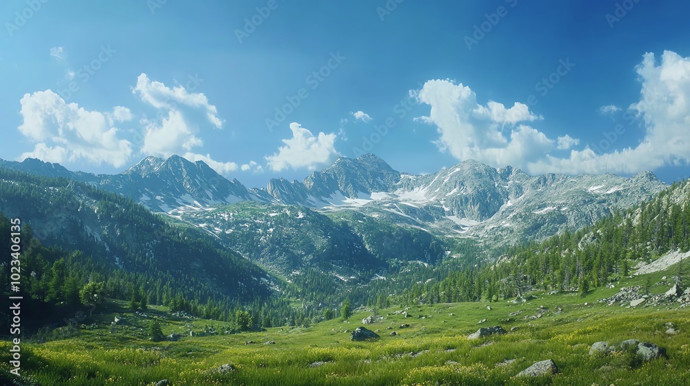 Scenic mountain landscape with green valley Scenic mountain landscape with green valley